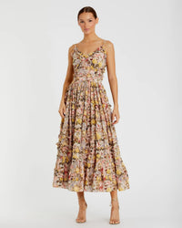 Mac Duggal #8026 ivory multi floral printed micro ruffle cotton midi dress
