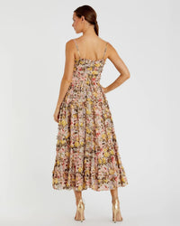 Mac Duggal #8026 ivory multi floral printed micro ruffle cotton midi dress