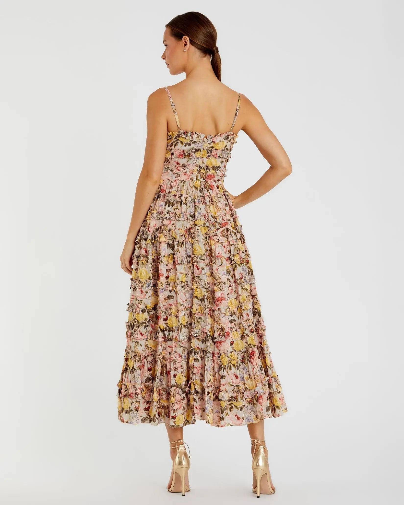 Mac Duggal #8026 ivory multi floral printed micro ruffle cotton midi dress