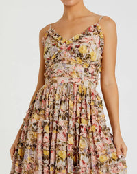 Mac Duggal #8026 ivory multi floral printed micro ruffle cotton midi dress