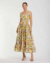 Mac Duggal #8026 yellow multi floral printed micro ruffle cotton midi dress