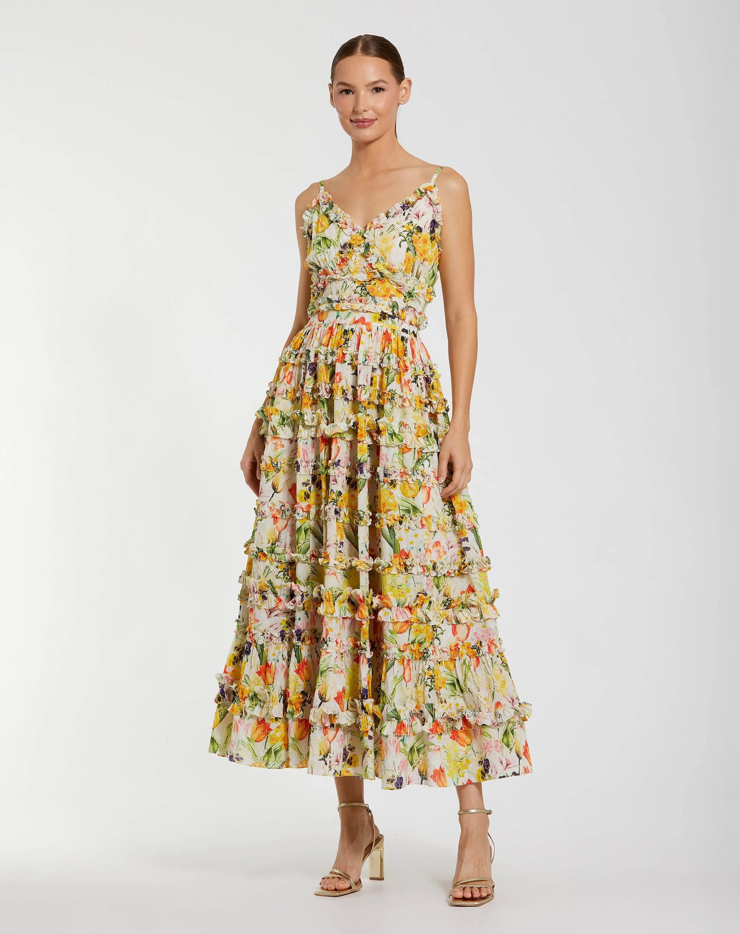 Mac Duggal #8026 yellow multi floral printed micro ruffle cotton midi dress