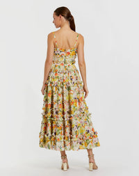 Mac Duggal #8026 yellow multi floral printed micro ruffle cotton midi dress