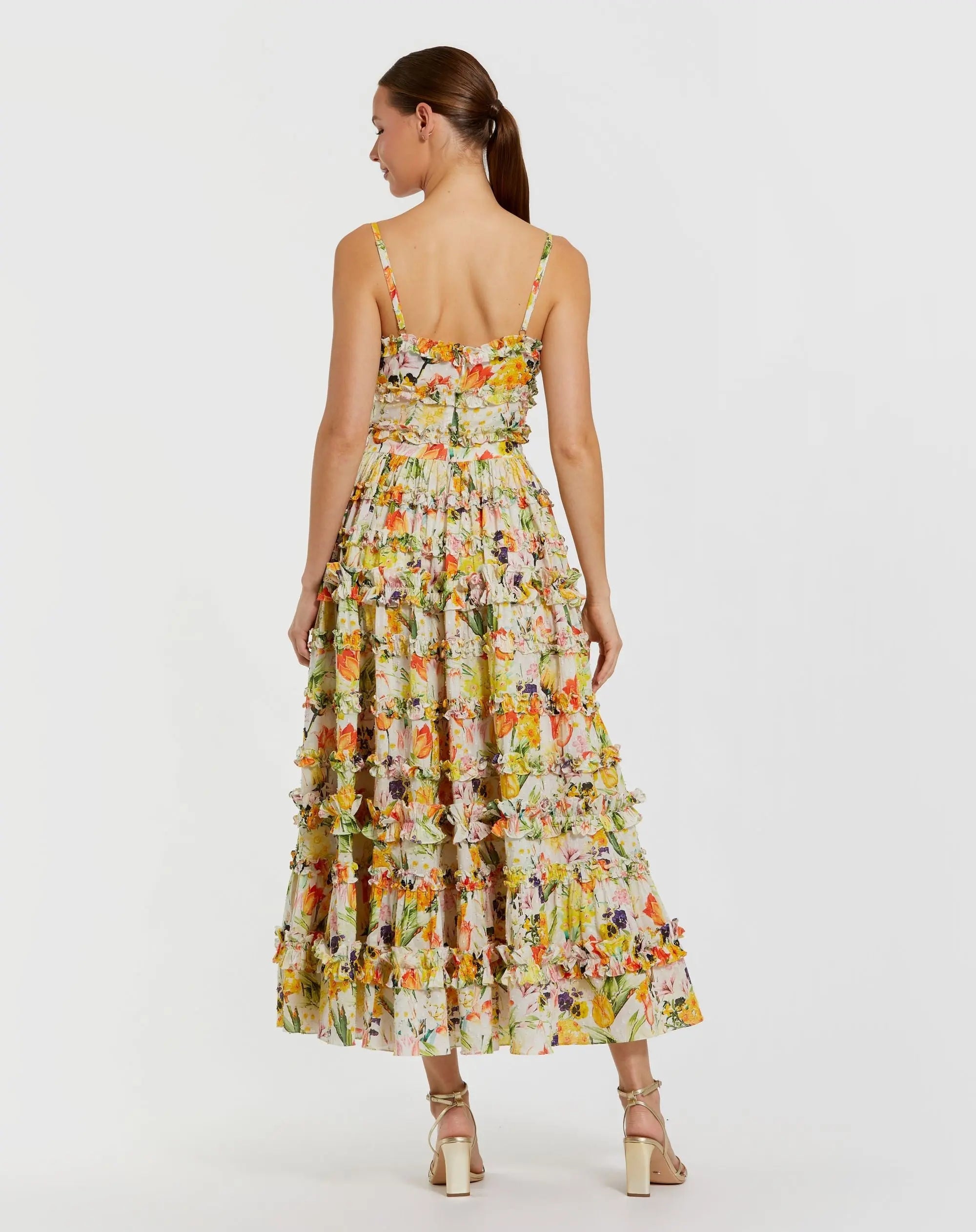 Mac Duggal #8026 yellow multi floral printed micro ruffle cotton midi dress