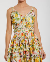 Mac Duggal #8026 yellow multi floral printed micro ruffle cotton midi dress
