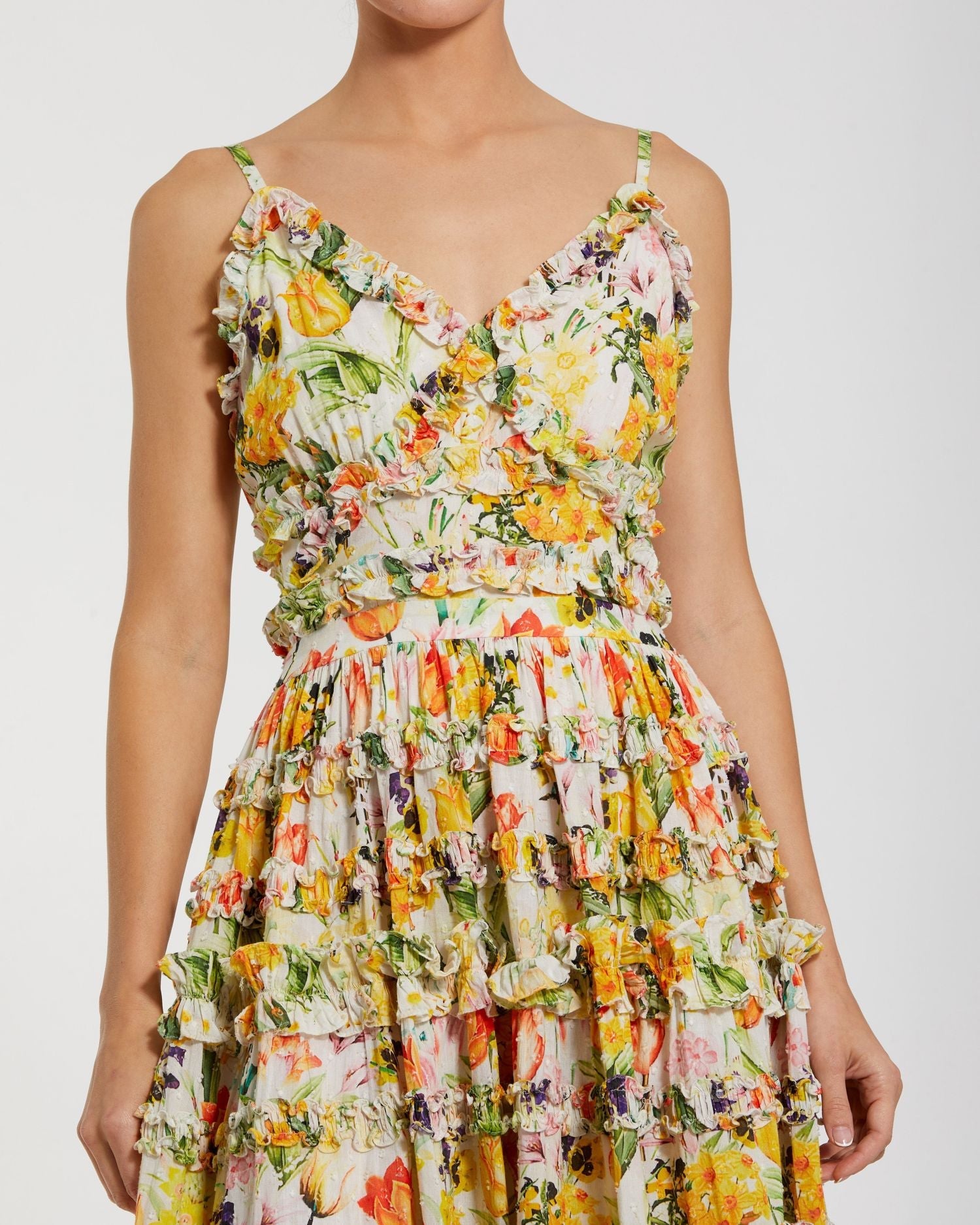 Mac Duggal #8026 yellow multi floral printed micro ruffle cotton midi dress