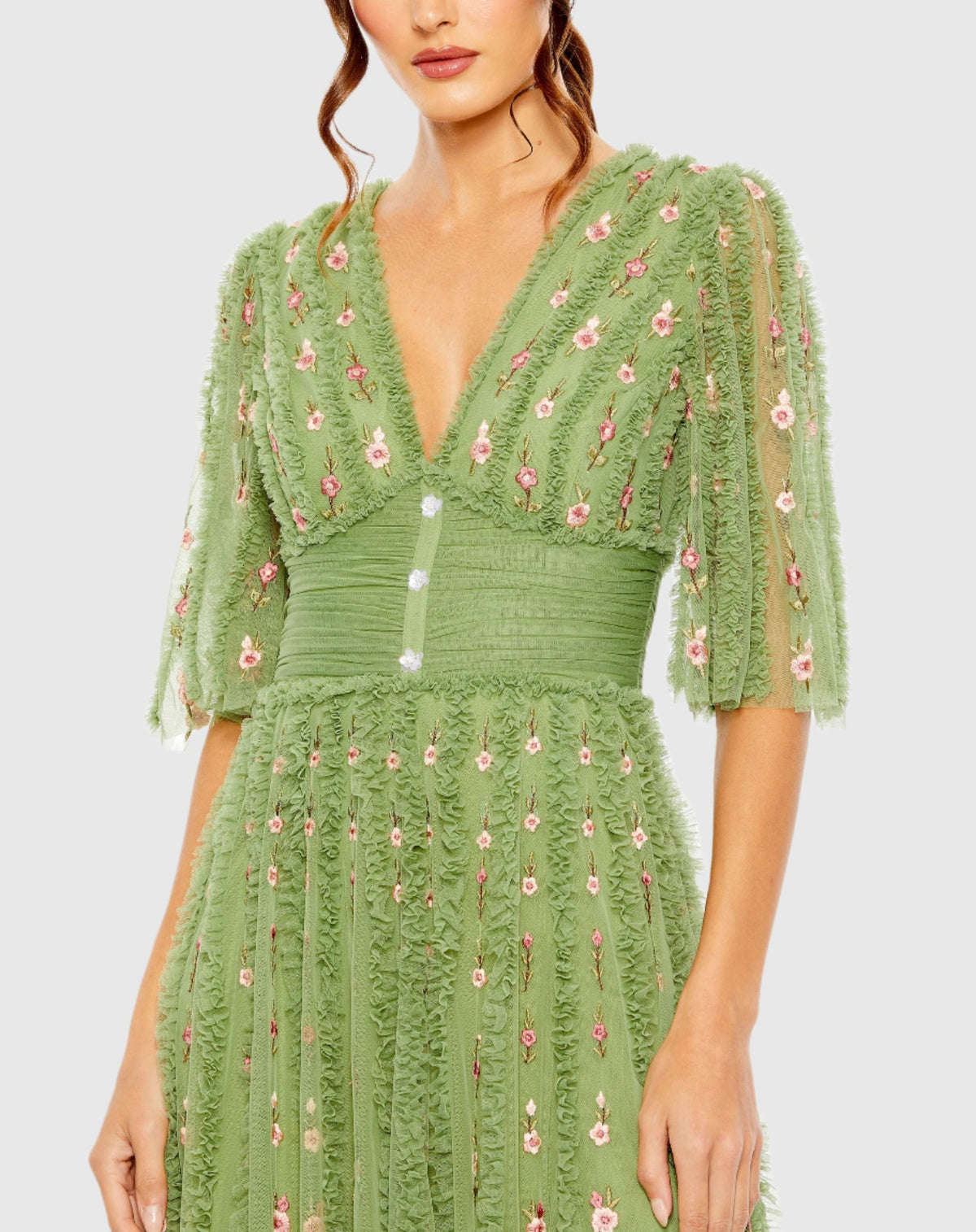 Mac Duggal, Floral V Neck Ruffle Empire Waist Gown - Moss Green Mommy & Me Dresses | Shaide - Shop Women's Evening Dresses Online Shaide Boutique Mac Duggal, Floral V Neck Ruffle Empire Waist Gown - Moss Green Mommy & Me Dresses | Shaide - Shop Women's Evening Dresses Online Shaide Boutique