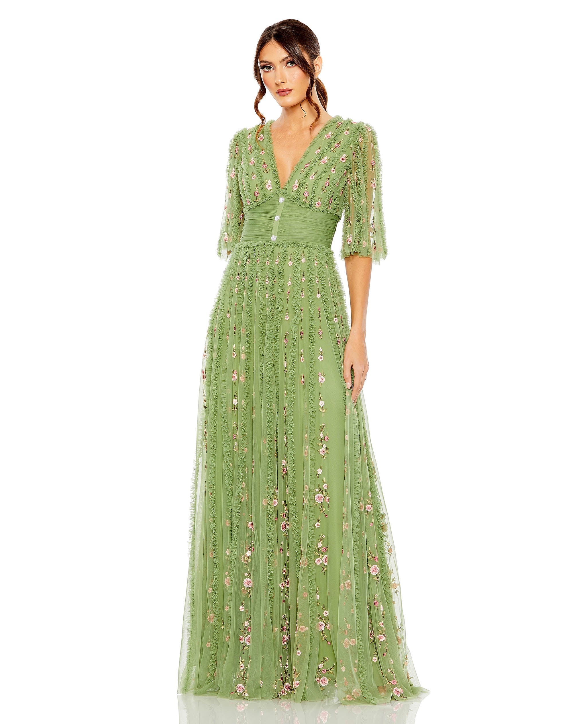 Mac Duggal Floral V Neck Ruffle Empire Waist Gown Moss Green Mommy Me Dresses Shaide Shop Women s Evening Dresses Online SHAIDE BOUTIQUE