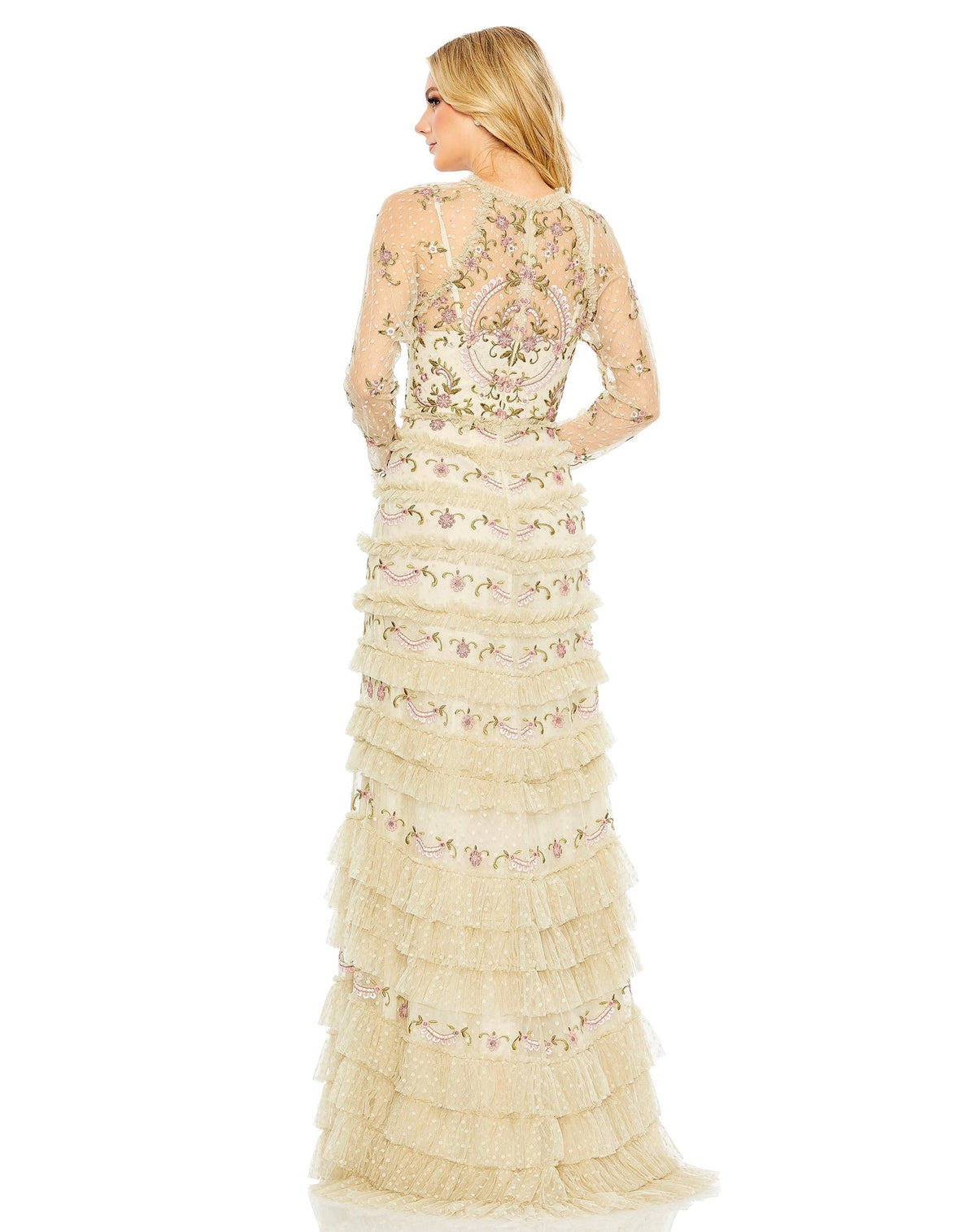 mac duggal, MESH POLKA DOT LONG SLEEVE FLORAL RUFFLE TIRED GOWN, Style #8030, ivory back view