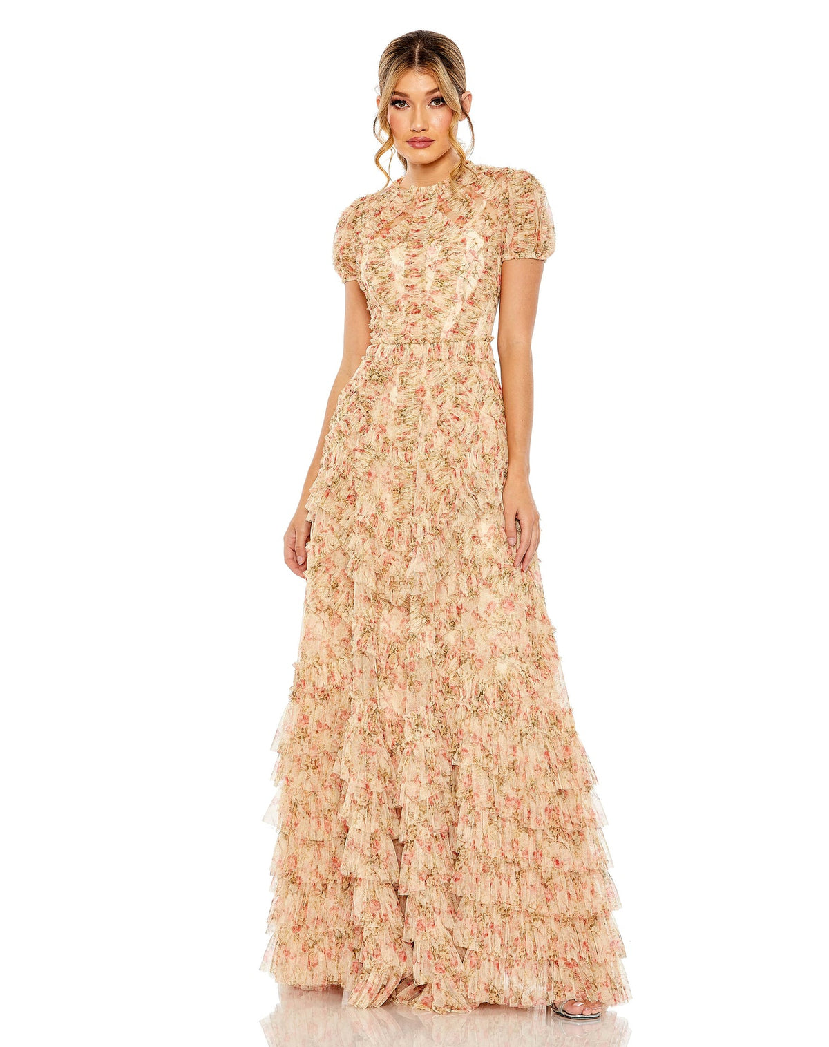 mac duggal, HIGH NECK FLORAL MESH RUFFLE DRESS, Style #8045, modest dress