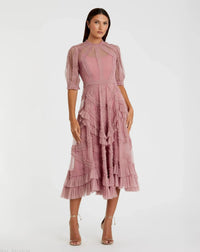 Mac Duggal 8058 Antique Rose mesh ruffle tiered A-line midi dress - Front