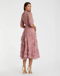 Mac Duggal 8058 Antique Rose mesh ruffle tiered A-line midi dress - Back view
