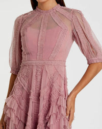 Mac Duggal 8058 Antique Rose mesh ruffle tiered A-line midi dress - Close up detail