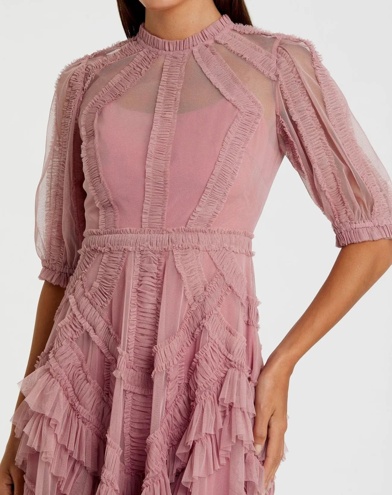 Mac Duggal 8058 Antique Rose mesh ruffle tiered A-line midi dress - Close up detail