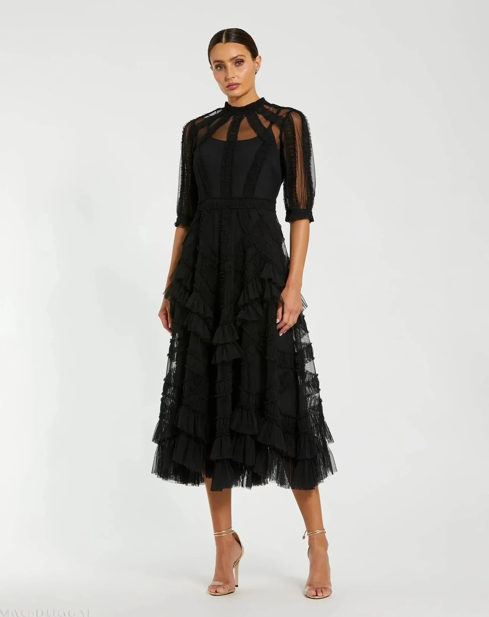 High Neck Ruffle Tiered A-Line Midi Dress - Black