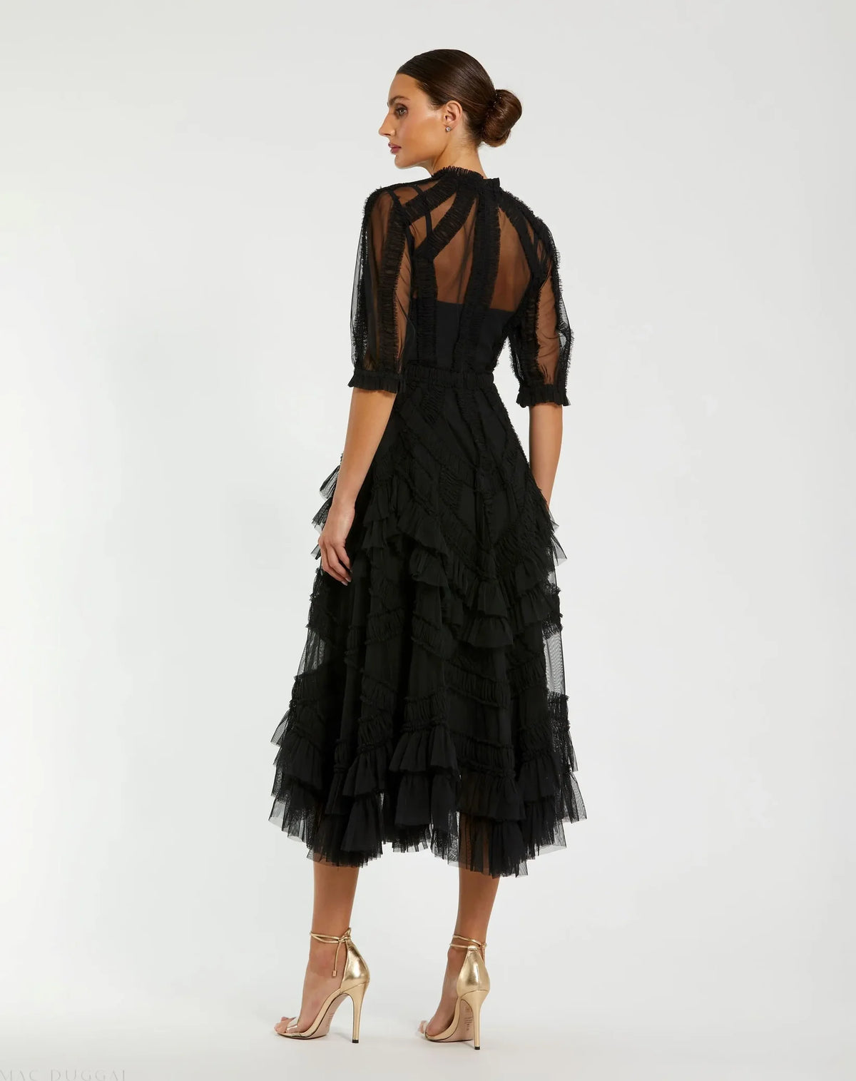 High Neck Ruffle Tiered A-Line Midi Dress - Black