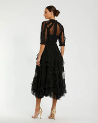High Neck Ruffle Tiered A-Line Midi Dress - Black