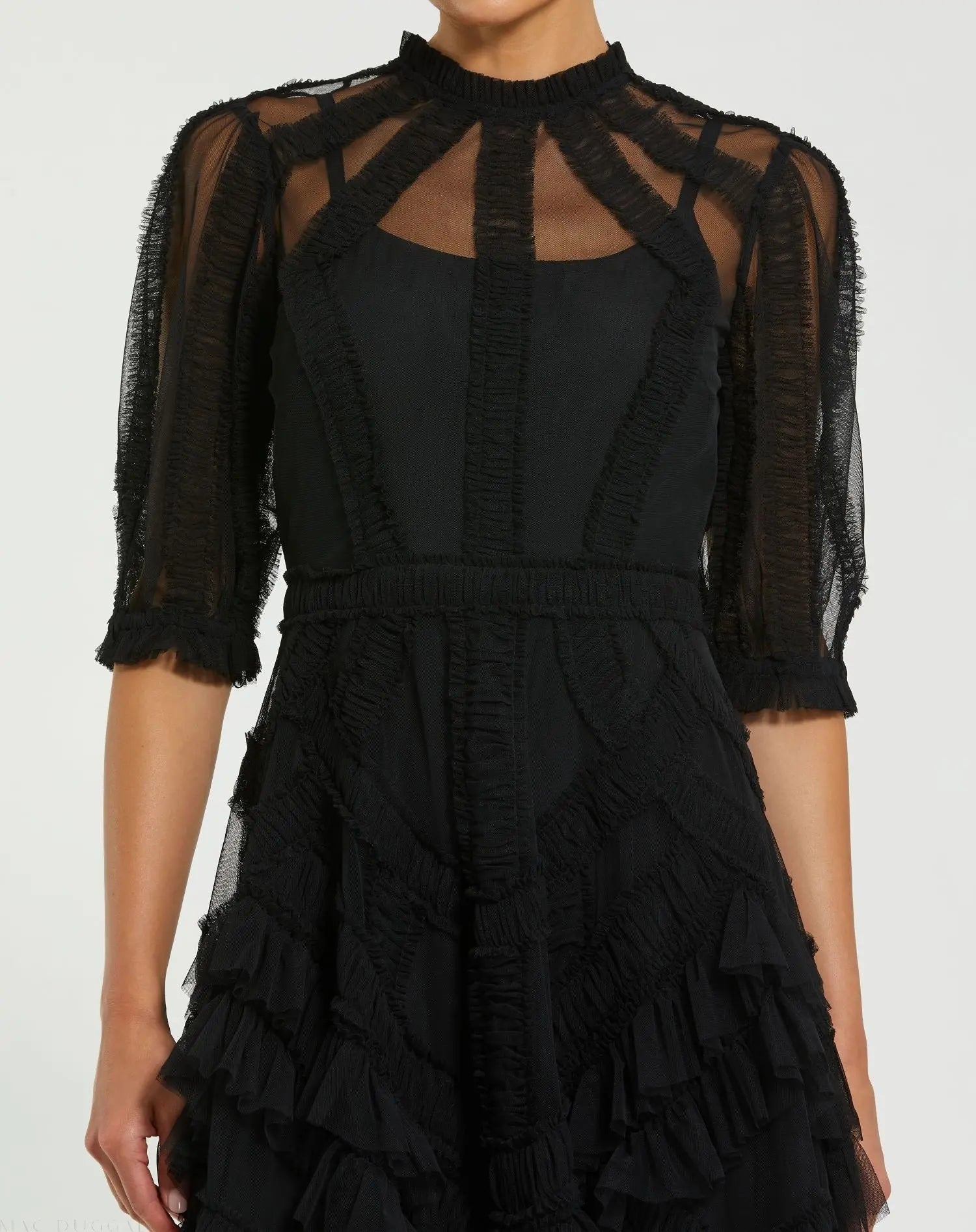 High Neck Ruffle Tiered A-Line Midi Dress - Black