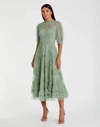 Mac Duggal 8058 Jade mesh ruffle tiered A-line midi dress - front