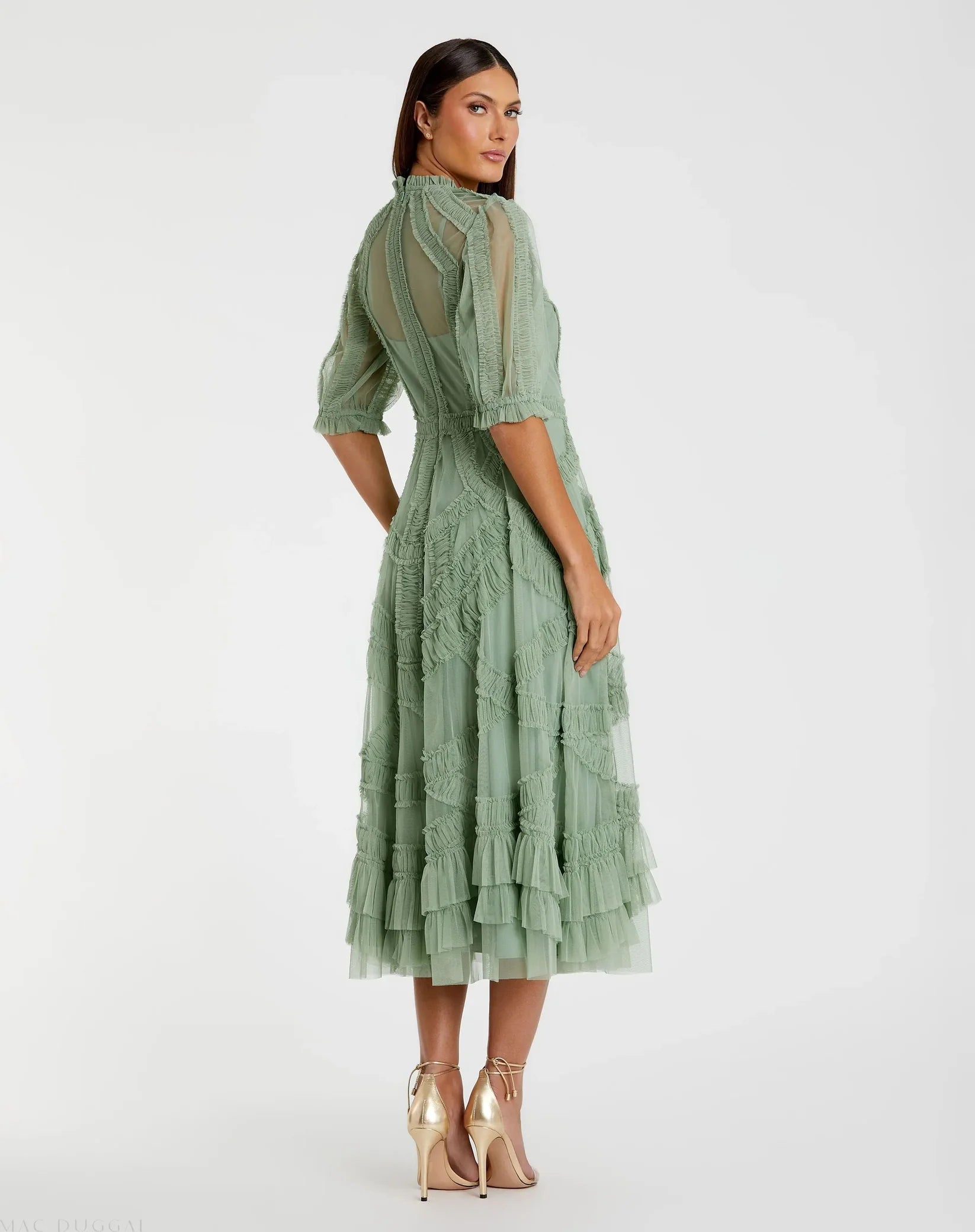 Mac Duggal 8058 Jade mesh ruffle tiered A-line midi dress - back
