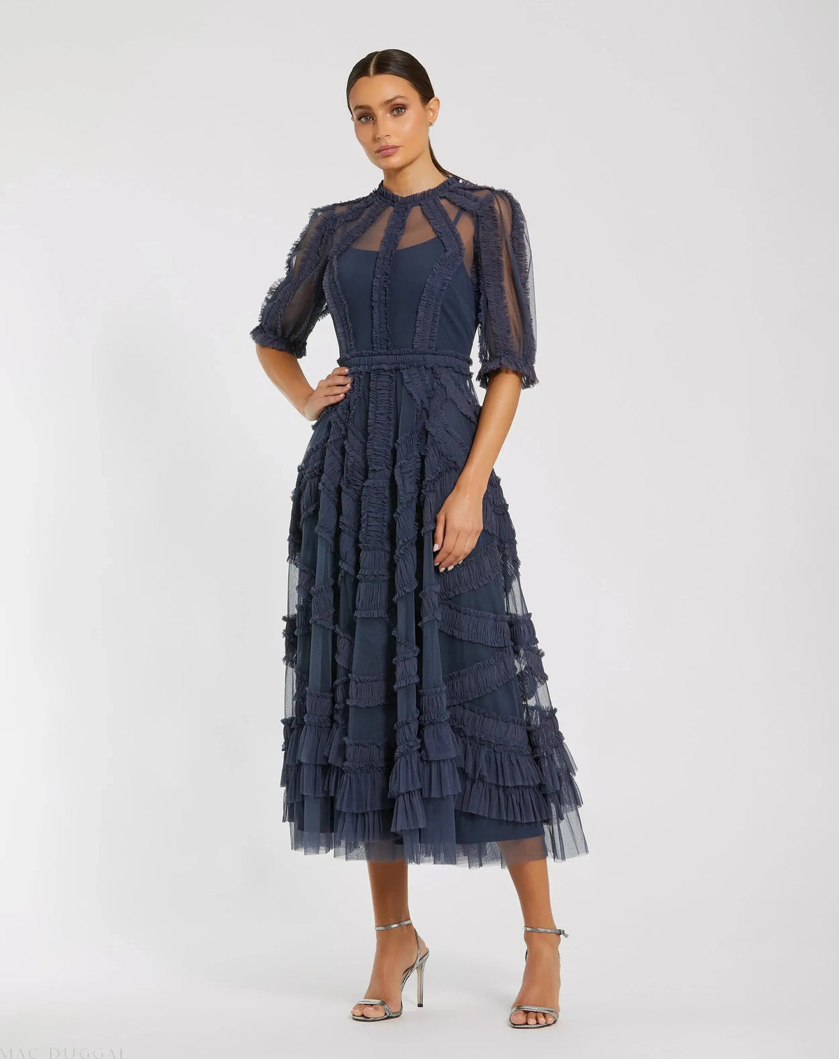 Mac Duggal #8058 midnight high neck ruffle tiered a-line midi dress