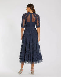 Mac Duggal #8058 midnight high neck ruffle tiered a-line midi dress