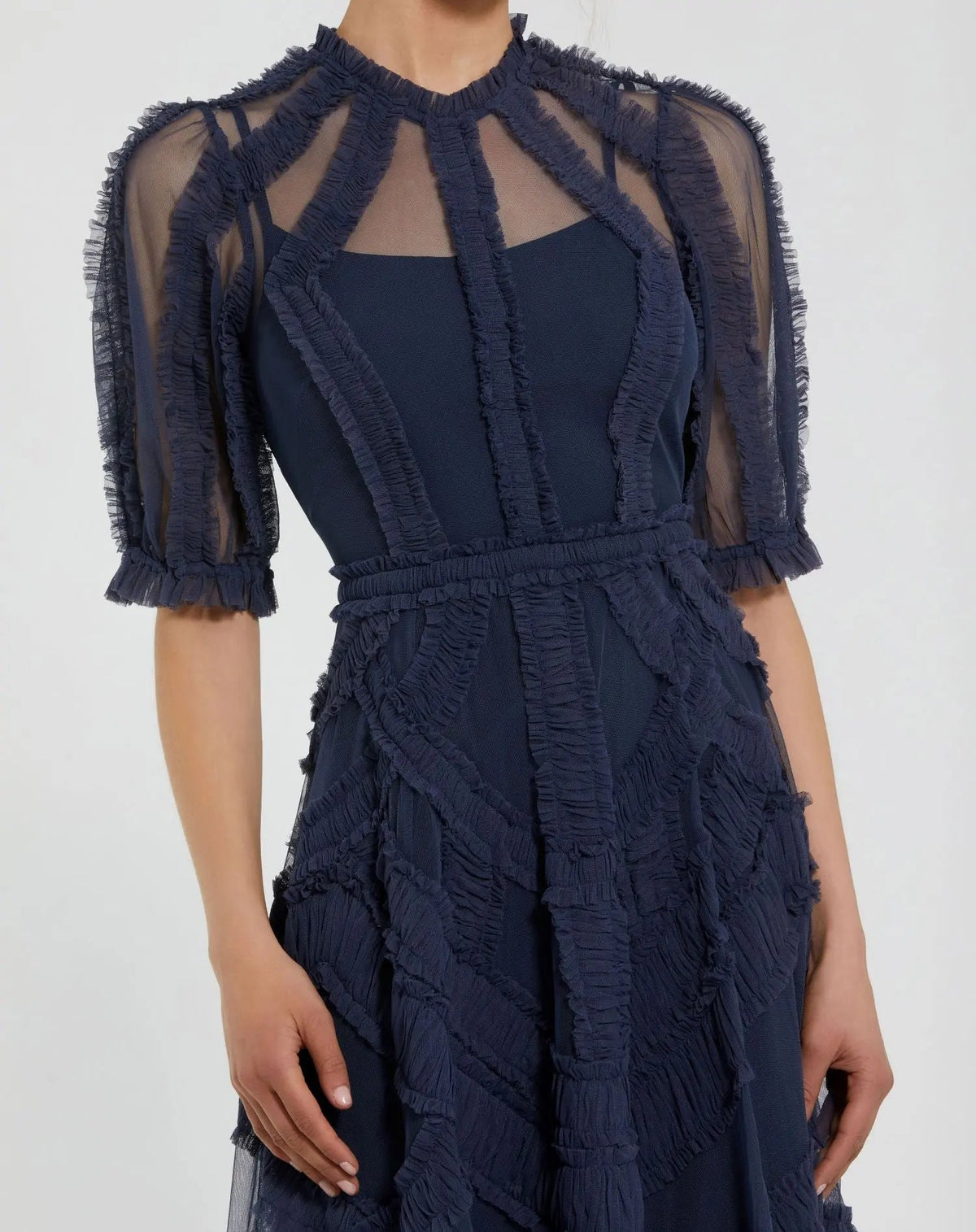 Mac Duggal #8058 midnight high neck ruffle tiered a-line midi dress