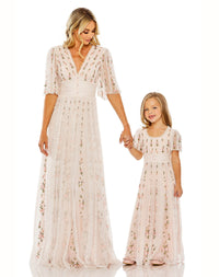 mommy and me special occasions dress mac duggal, Floral V Neck Ruffle Empire Waist Gown - Blush, Style #8028 Pairs with Style #8064