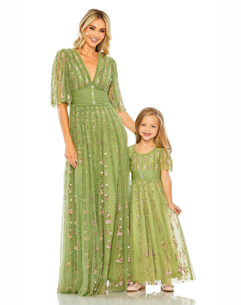 Mac Duggal, Floral V Neck Ruffle Empire Waist Gown - Moss Green Mommy & Me Dresses | Shaide - Shop Women's Evening Dresses Online Shaide Boutique Mac Duggal, Floral V Neck Ruffle Empire Waist Gown - Moss Green Mommy & Me Dresses | Shaide - Shop Women's Evening Dresses Online Shaide Boutique