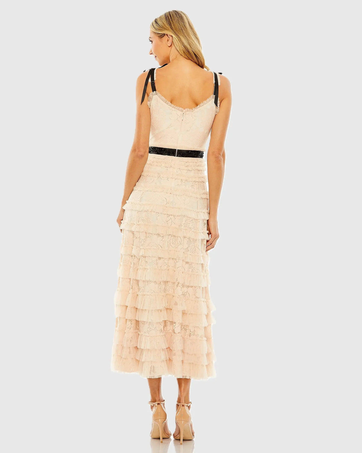 Mac Duggal Pink Lace Tiered Midi Dress with Bow Straps  #8070 Porcelain