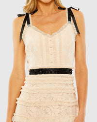 Mac Duggal Pink Lace Tiered Midi Dress with Bow Straps  #8070 Porcelain