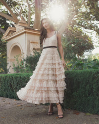 Mac Duggal Pink Lace Tiered Midi Dress with Bow Straps  #8070 Porcelain