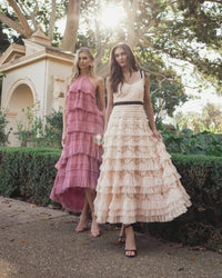 Mac Duggal Pink Lace Tiered Midi Dress with Bow Straps  #8070 Porcelain