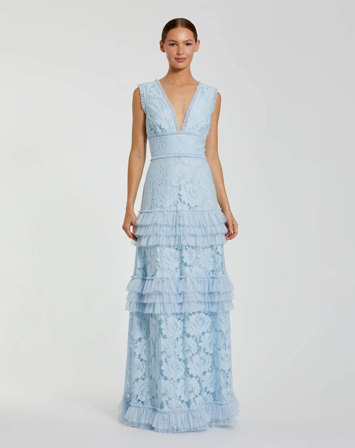 Mac Duggal Powder Blue #8078 Blue V Neck Lace Tiered Ruffle Gown