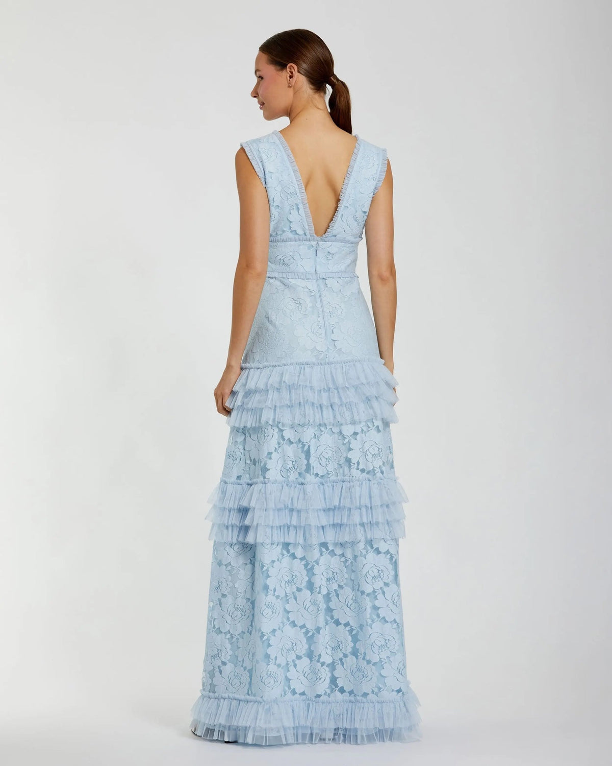 Mac Duggal Powder Blue #8078 Blue V Neck Lace Tiered Ruffle Gown