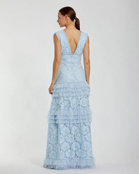 Mac Duggal Powder Blue #8078 Blue V Neck Lace Tiered Ruffle Gown
