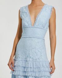 Mac Duggal Powder Blue #8078 Blue V Neck Lace Tiered Ruffle Gown