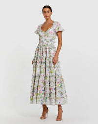 Mac Duggal #8079 white multi floral ruffle cotton midi dress