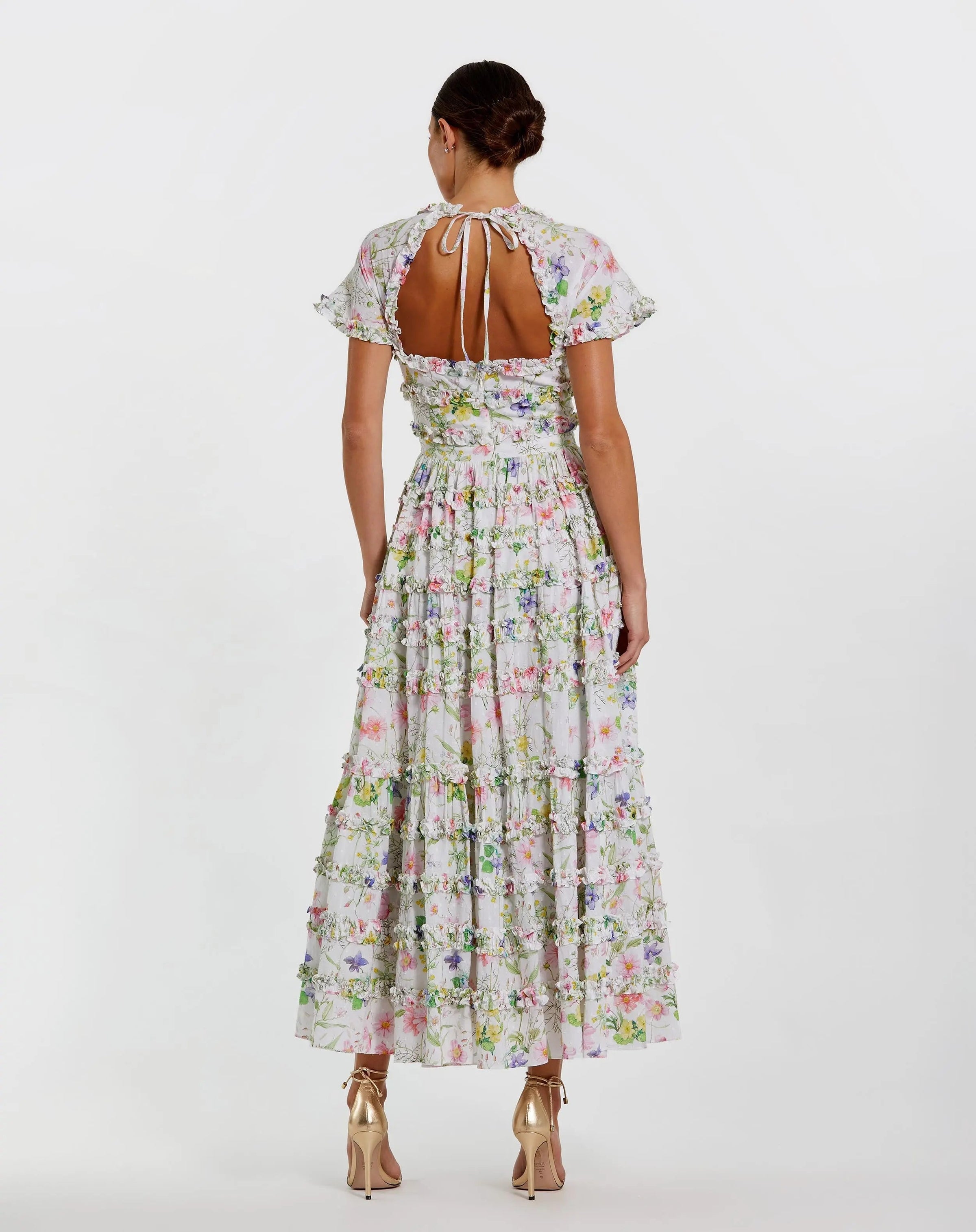 Mac Duggal #8079 white multi floral ruffle cotton midi dress
