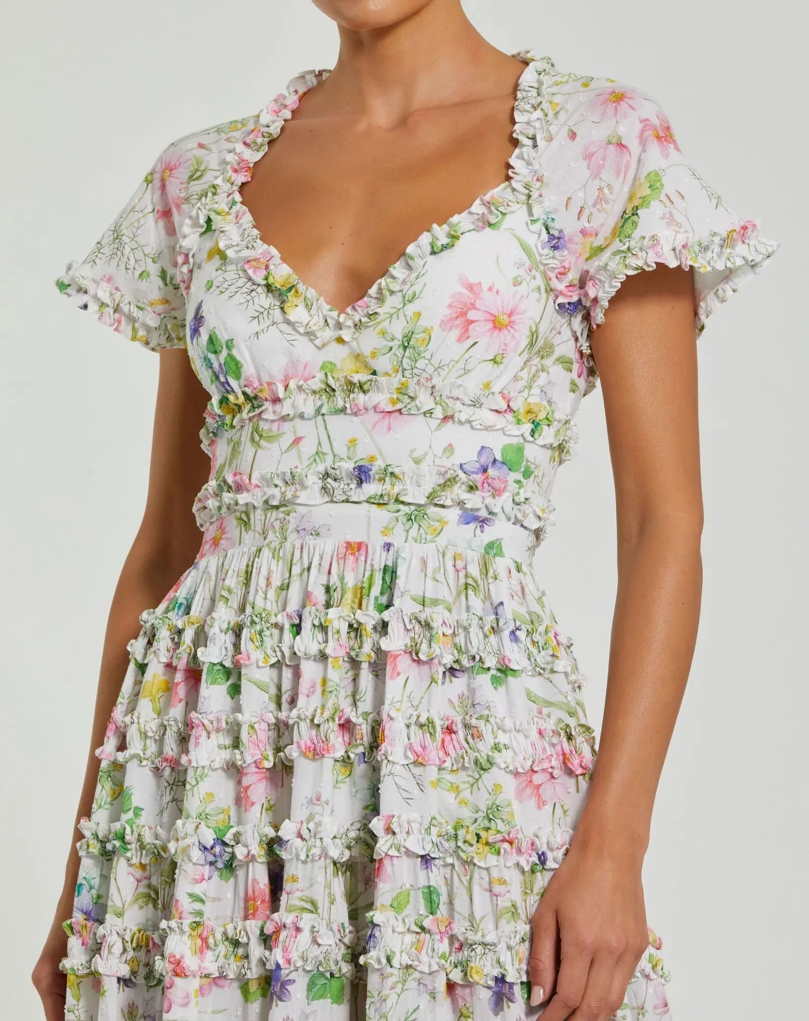 Mac Duggal #8079 white multi floral ruffle cotton midi dress