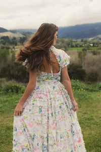 Mac Duggal #8079 white multi floral ruffle cotton midi dress
