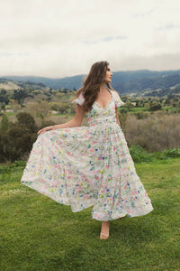 Mac Duggal #8079 white multi floral ruffle cotton midi dress