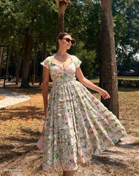 Mac Duggal #8079 white multi floral ruffle cotton midi dress
