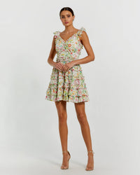 Mac Duggal #8084 white multi floral tiered ruffle mini dress