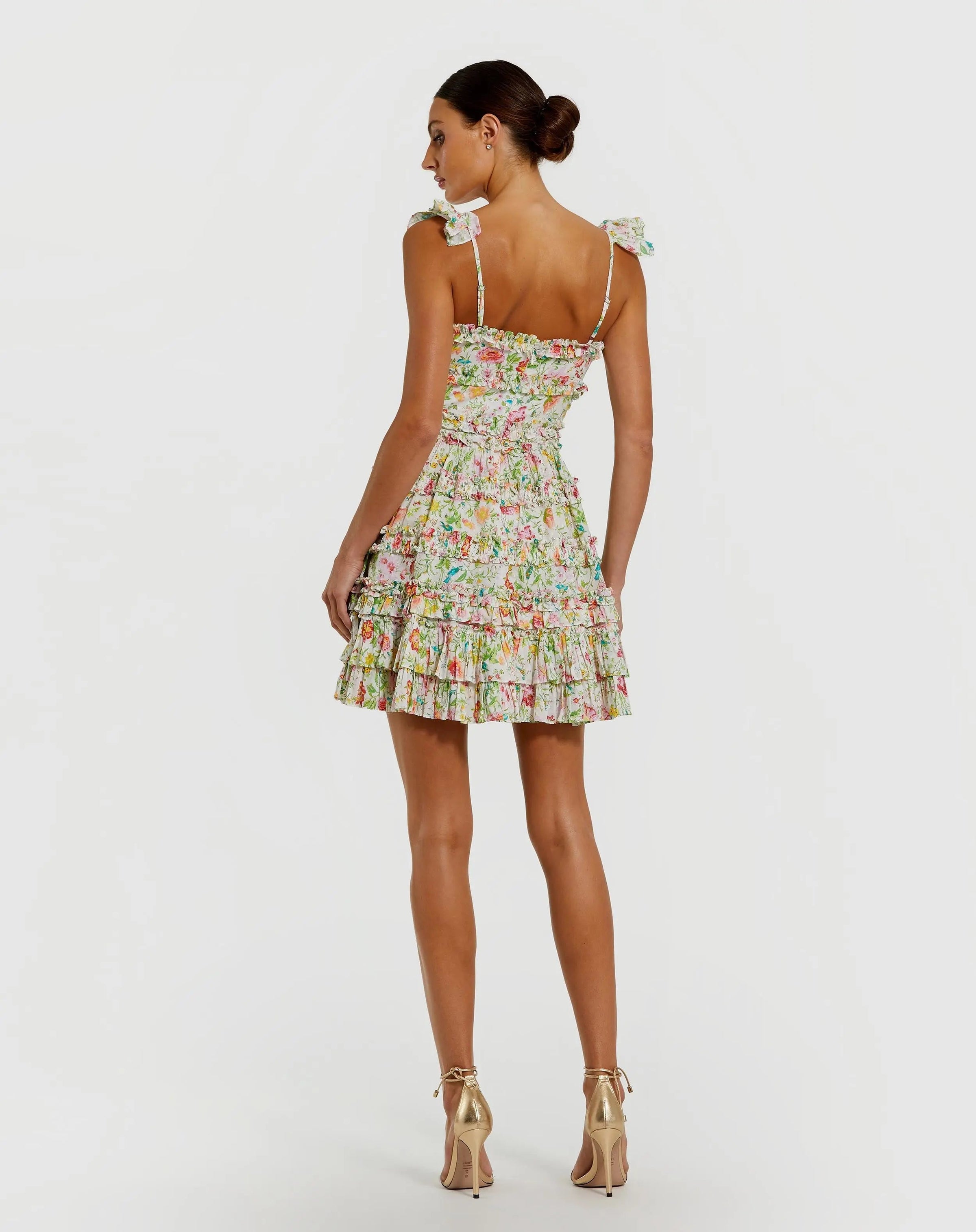 Mac Duggal #8084 white multi floral tiered ruffle mini dress