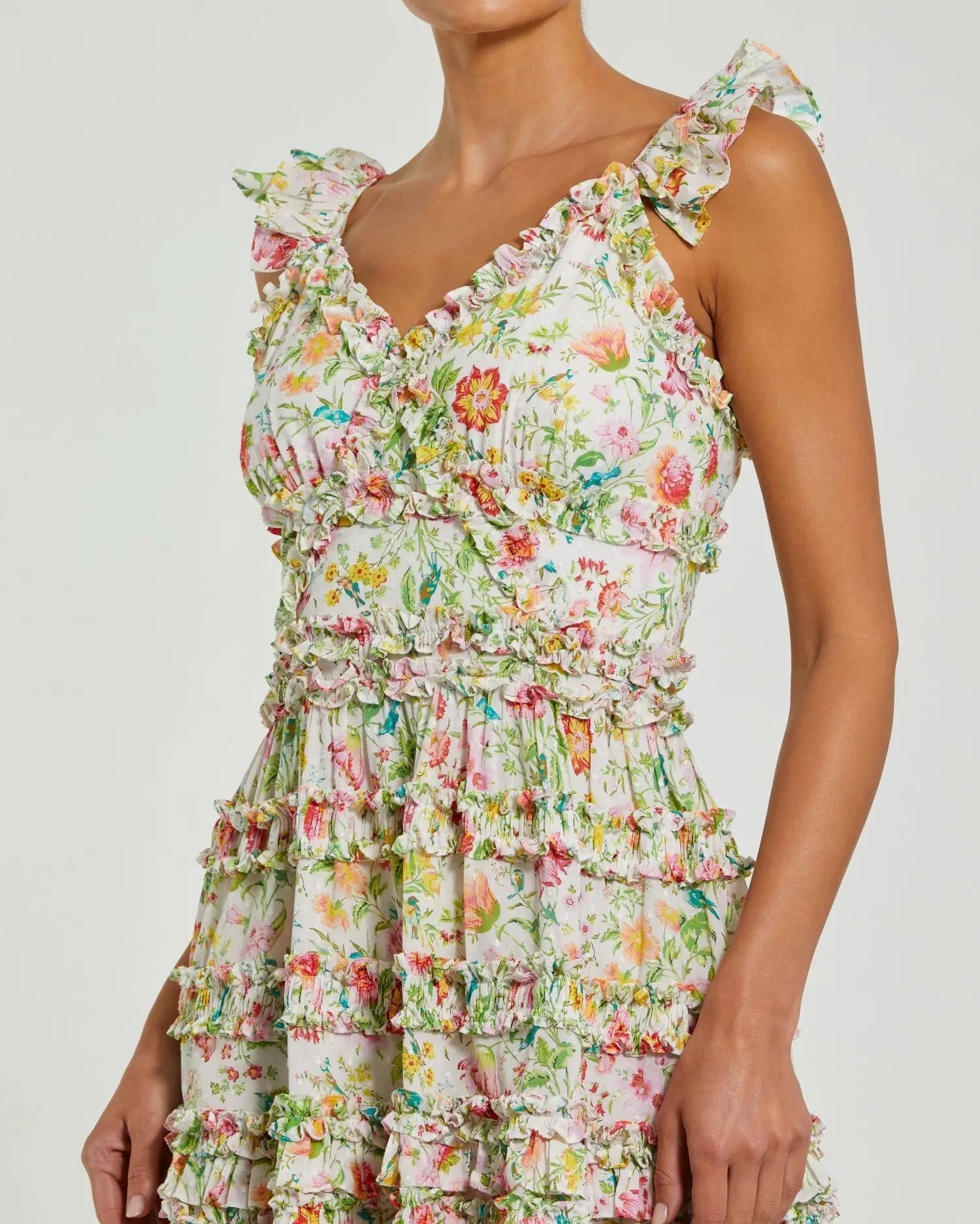 Mac Duggal #8084 white multi floral tiered ruffle mini dress