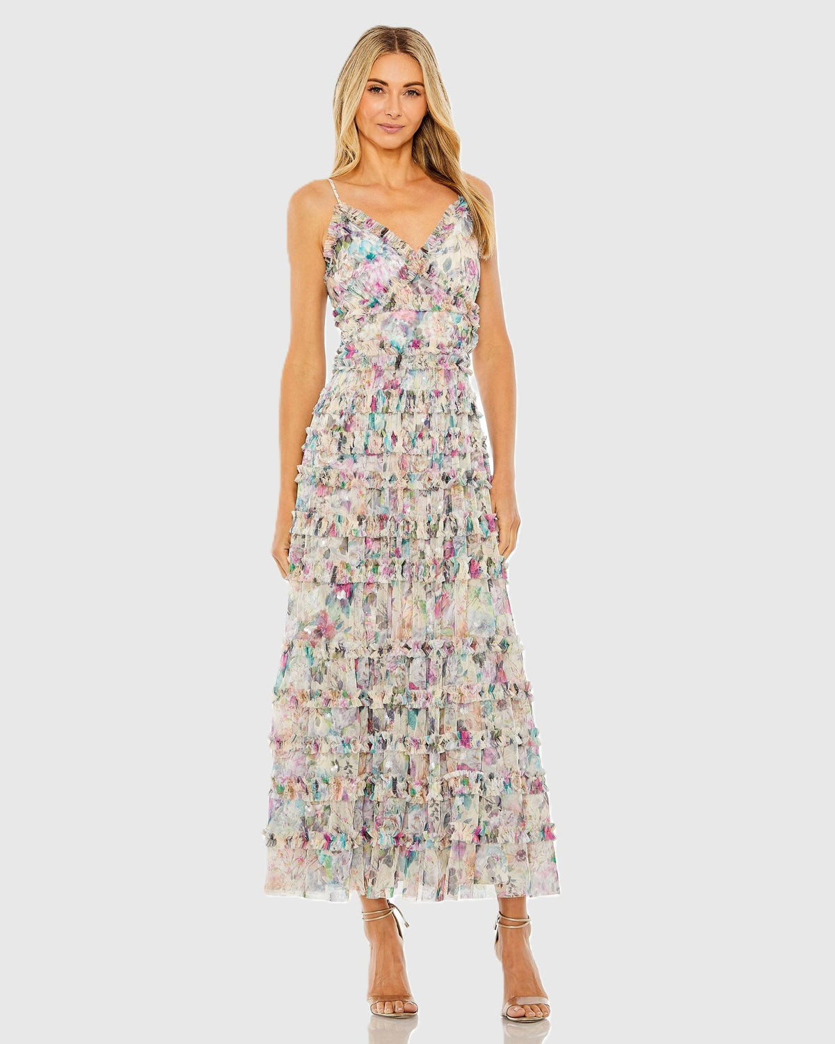 Mac Duggal 8095 Nude Multi floral sequined tiered ruffle midi dress - Front
