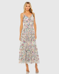 Mac Duggal 8095 Nude Multi floral sequined tiered ruffle midi dress - Front