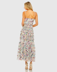 Mac Duggal 8095 Nude Multi floral sequined tiered ruffle midi dress - Back view