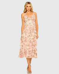 Mac Duggal Pink Sleeveless V Neck Floral Mesh Ruffle Midi Dress Blush Multi #8100